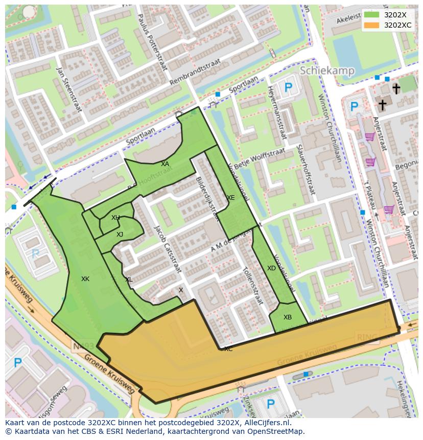 Afbeelding van het postcodegebied 3202 XC op de kaart.