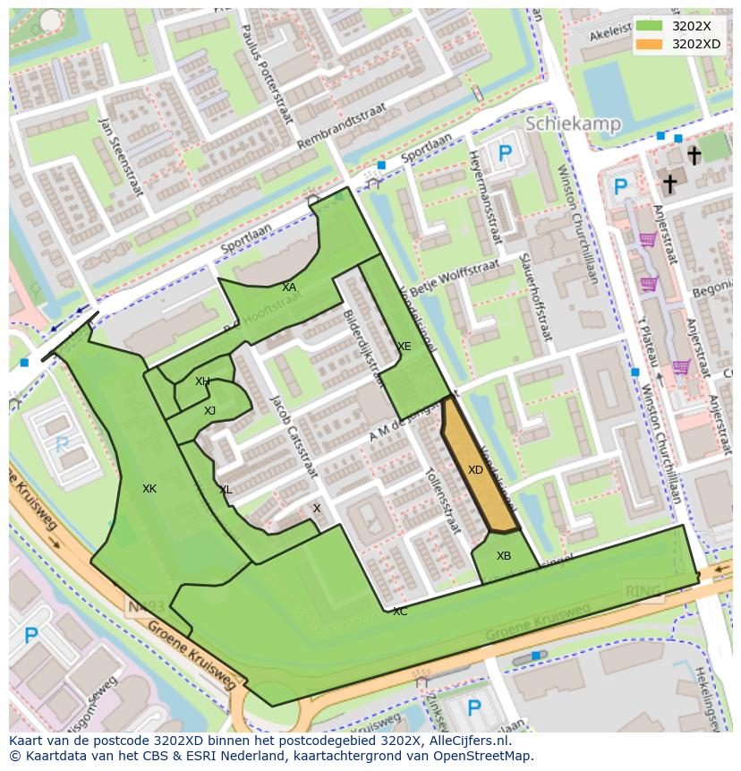 Afbeelding van het postcodegebied 3202 XD op de kaart.