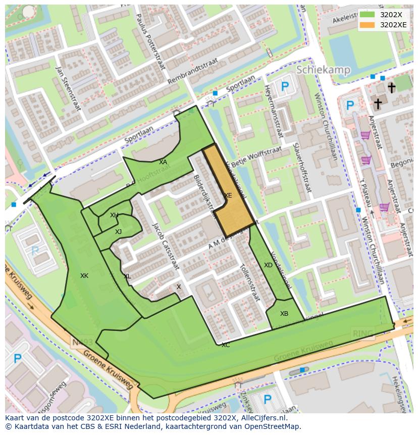 Afbeelding van het postcodegebied 3202 XE op de kaart.