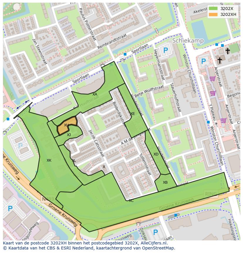 Afbeelding van het postcodegebied 3202 XH op de kaart.