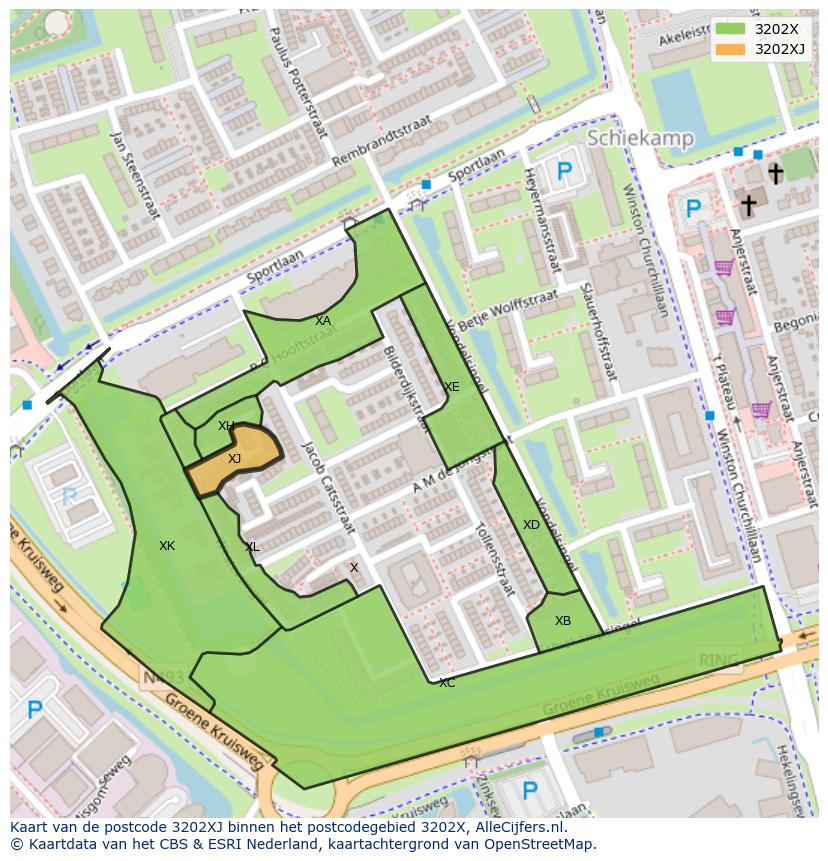 Afbeelding van het postcodegebied 3202 XJ op de kaart.