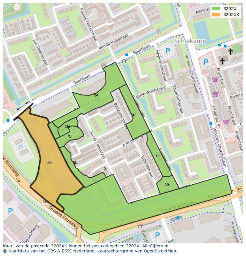 Afbeelding van het postcodegebied 3202 XK op de kaart.