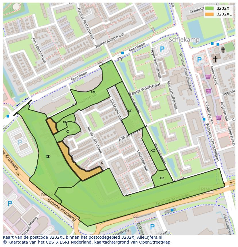 Afbeelding van het postcodegebied 3202 XL op de kaart.