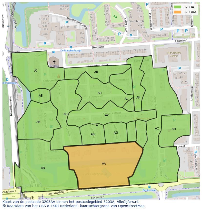 Afbeelding van het postcodegebied 3203 AA op de kaart.