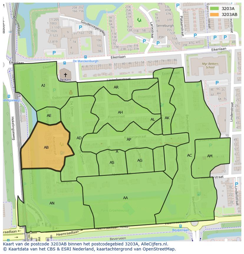 Afbeelding van het postcodegebied 3203 AB op de kaart.