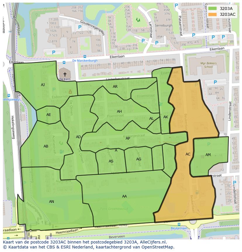 Afbeelding van het postcodegebied 3203 AC op de kaart.