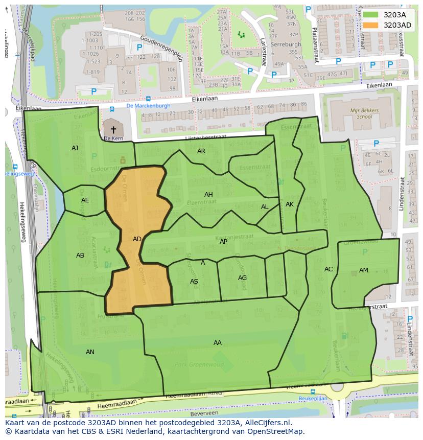 Afbeelding van het postcodegebied 3203 AD op de kaart.