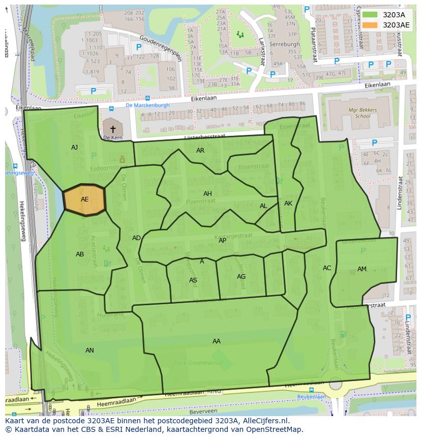 Afbeelding van het postcodegebied 3203 AE op de kaart.