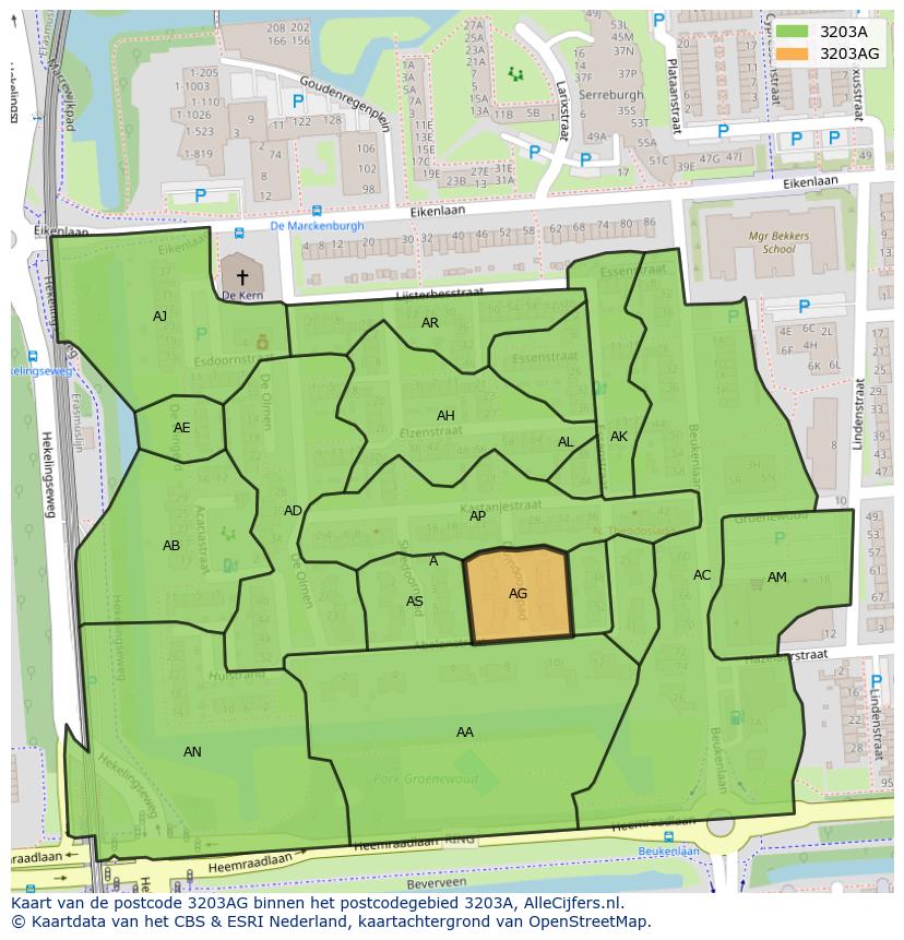 Afbeelding van het postcodegebied 3203 AG op de kaart.