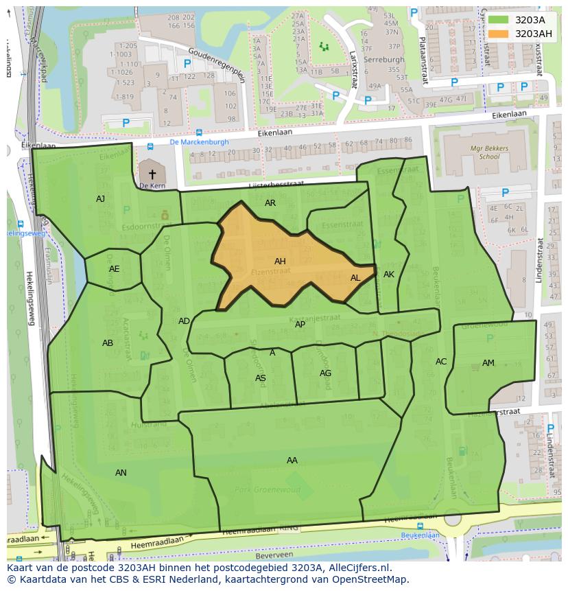 Afbeelding van het postcodegebied 3203 AH op de kaart.