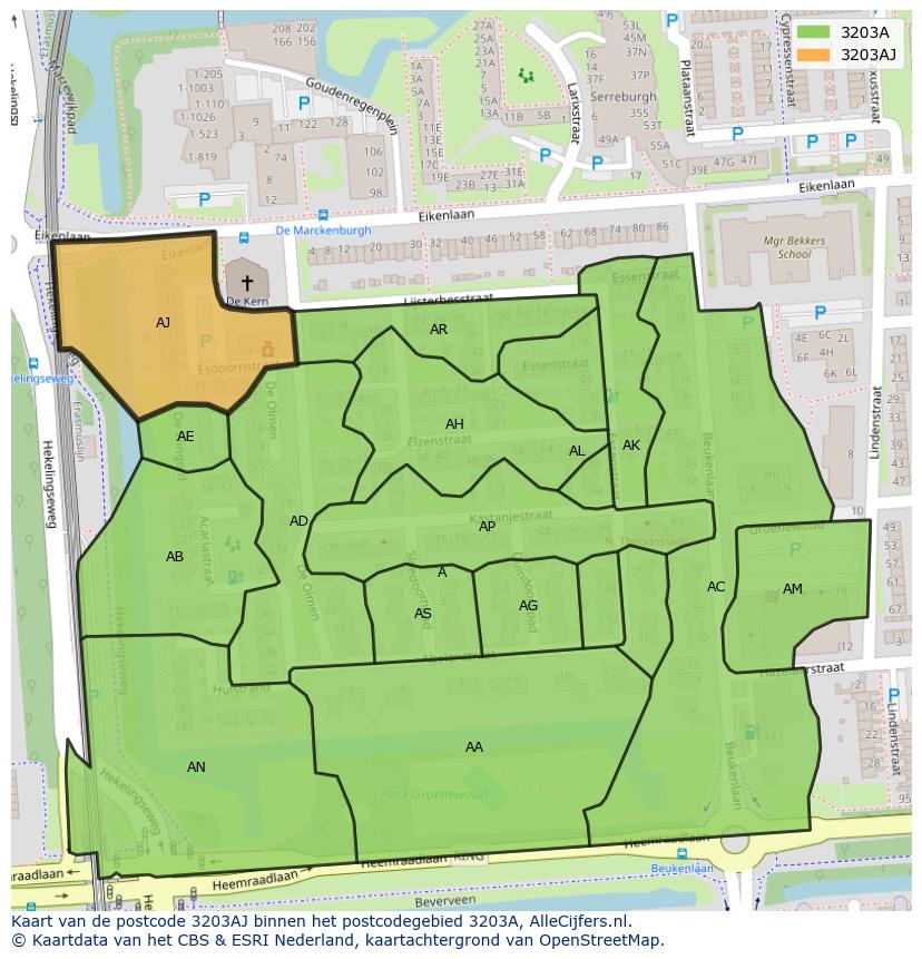 Afbeelding van het postcodegebied 3203 AJ op de kaart.