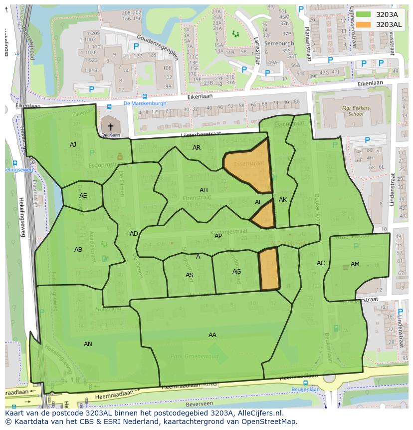 Afbeelding van het postcodegebied 3203 AL op de kaart.