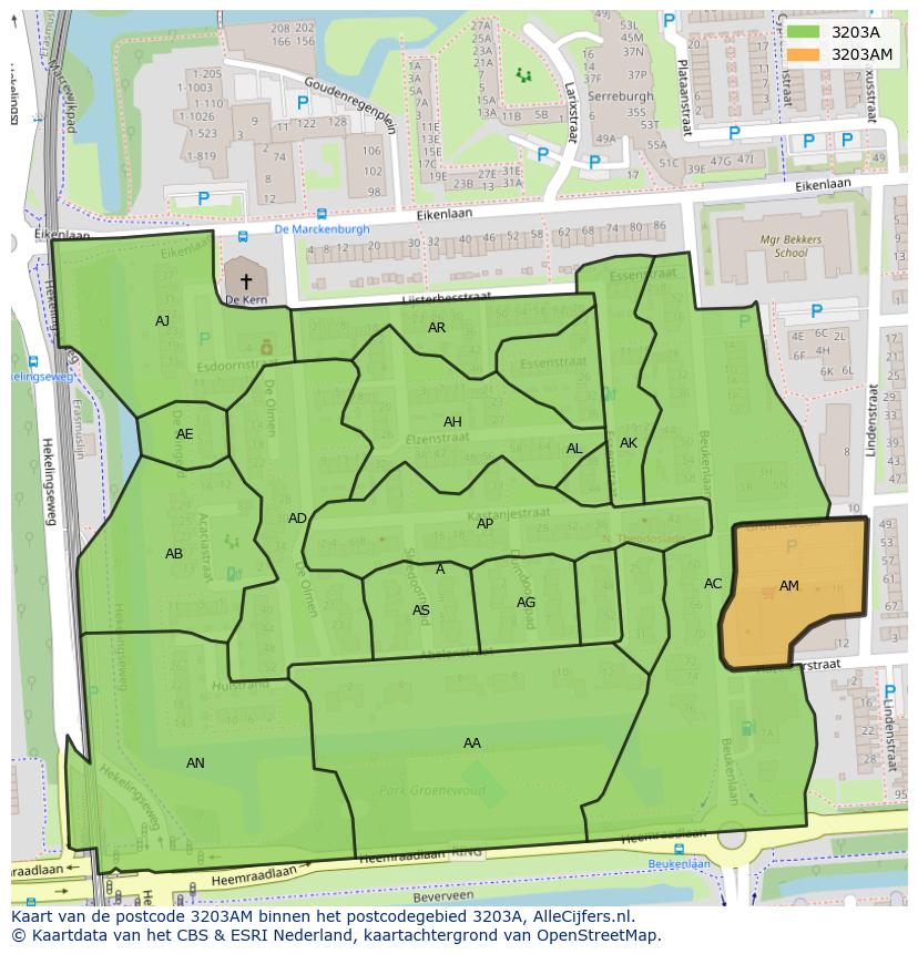 Afbeelding van het postcodegebied 3203 AM op de kaart.