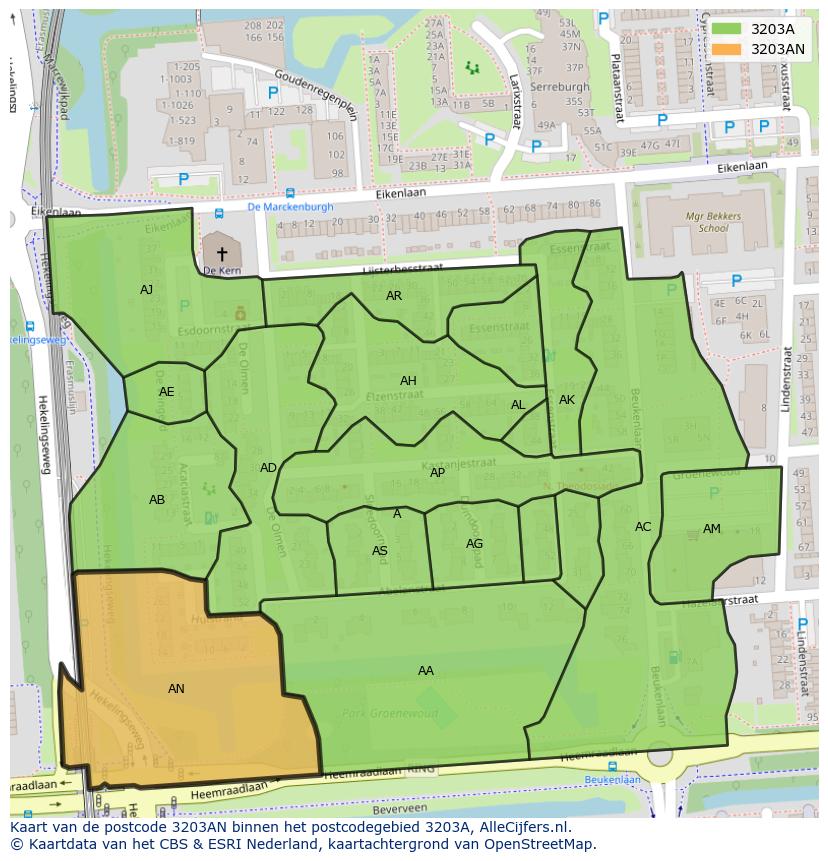 Afbeelding van het postcodegebied 3203 AN op de kaart.