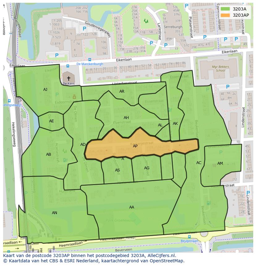 Afbeelding van het postcodegebied 3203 AP op de kaart.