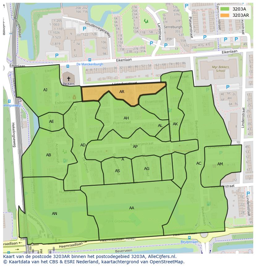 Afbeelding van het postcodegebied 3203 AR op de kaart.