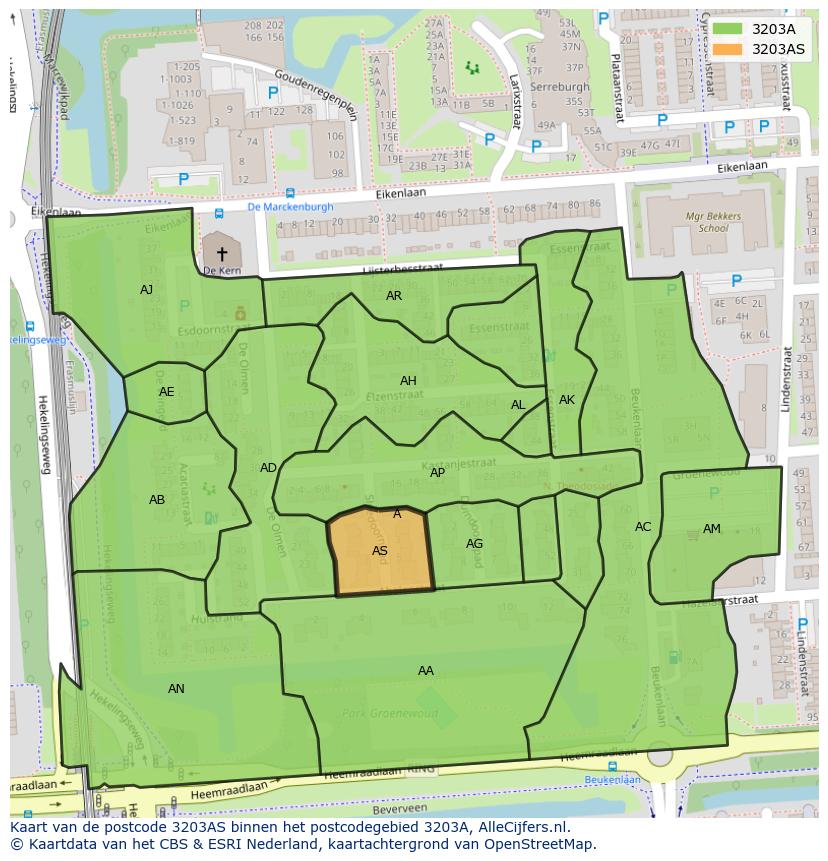 Afbeelding van het postcodegebied 3203 AS op de kaart.