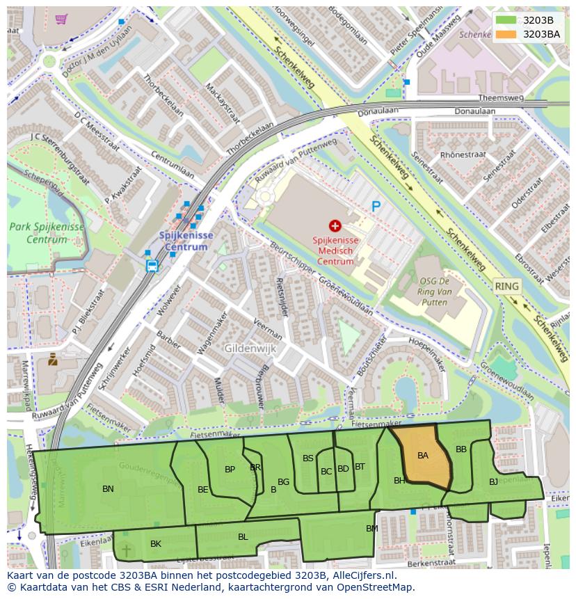 Afbeelding van het postcodegebied 3203 BA op de kaart.