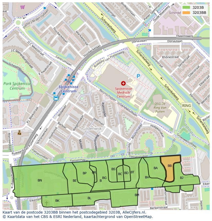 Afbeelding van het postcodegebied 3203 BB op de kaart.