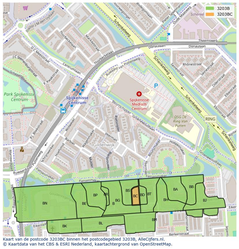 Afbeelding van het postcodegebied 3203 BC op de kaart.