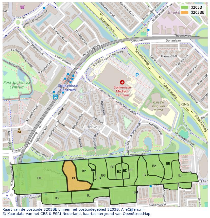 Afbeelding van het postcodegebied 3203 BE op de kaart.
