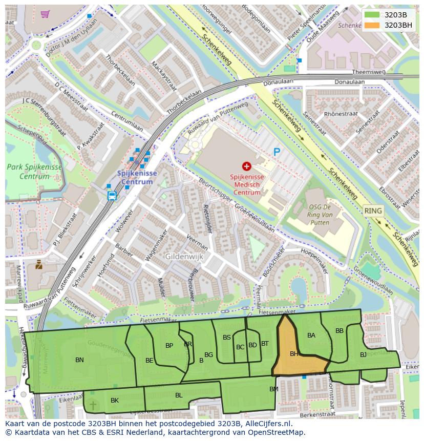 Afbeelding van het postcodegebied 3203 BH op de kaart.