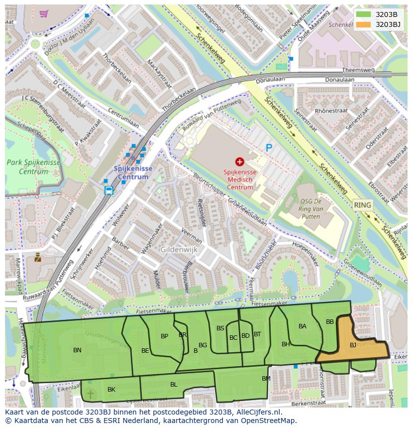 Afbeelding van het postcodegebied 3203 BJ op de kaart.