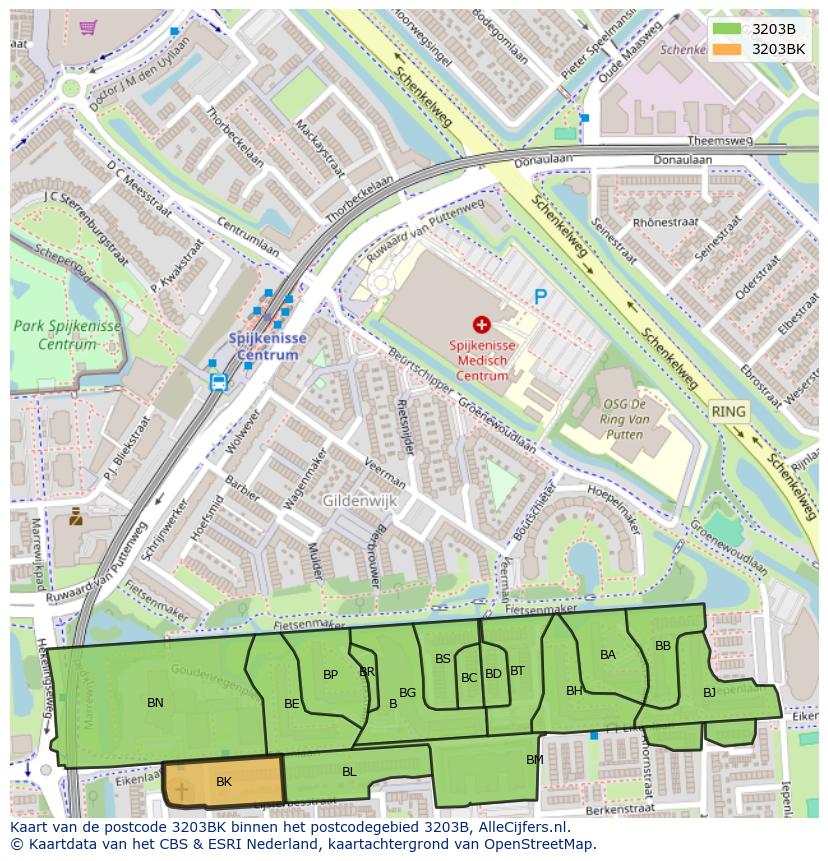 Afbeelding van het postcodegebied 3203 BK op de kaart.