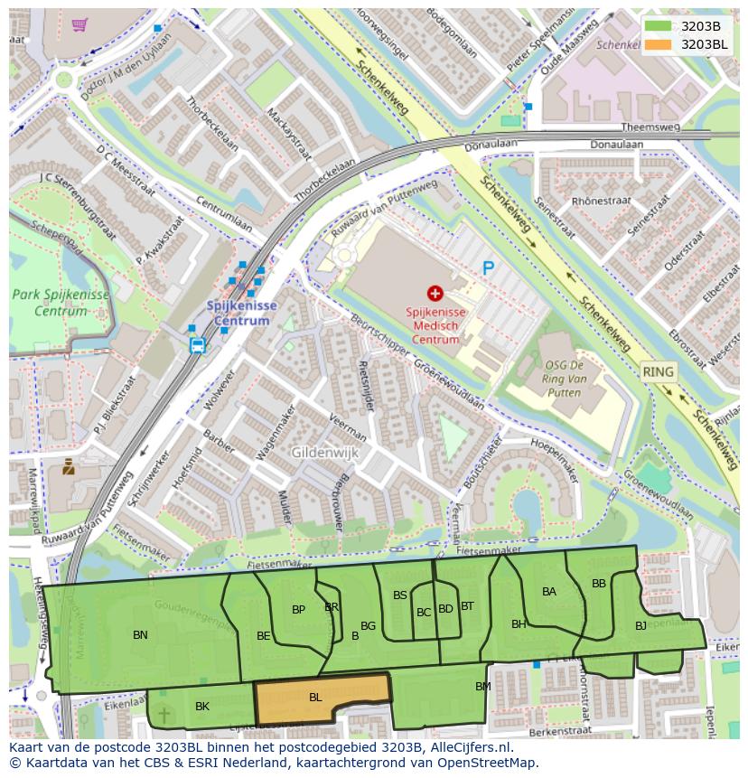 Afbeelding van het postcodegebied 3203 BL op de kaart.