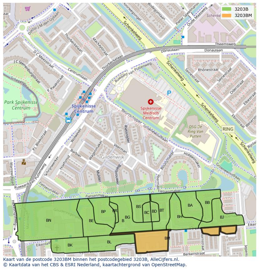 Afbeelding van het postcodegebied 3203 BM op de kaart.
