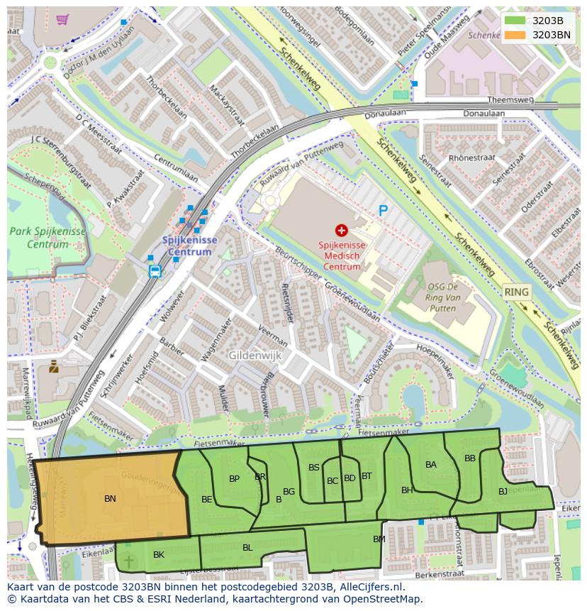 Afbeelding van het postcodegebied 3203 BN op de kaart.