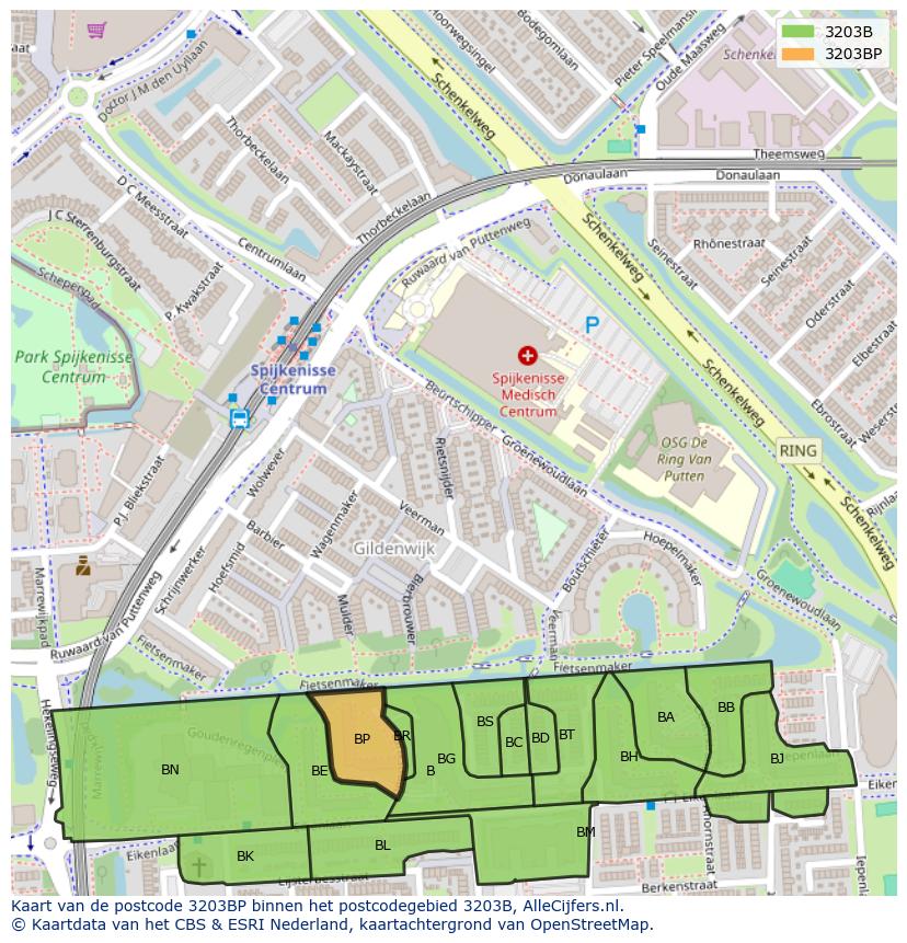 Afbeelding van het postcodegebied 3203 BP op de kaart.