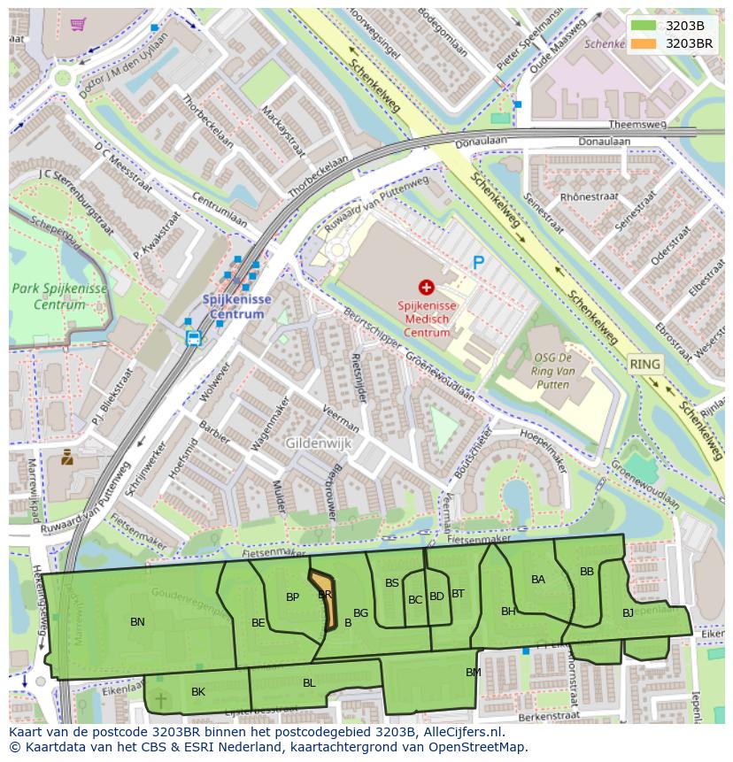 Afbeelding van het postcodegebied 3203 BR op de kaart.
