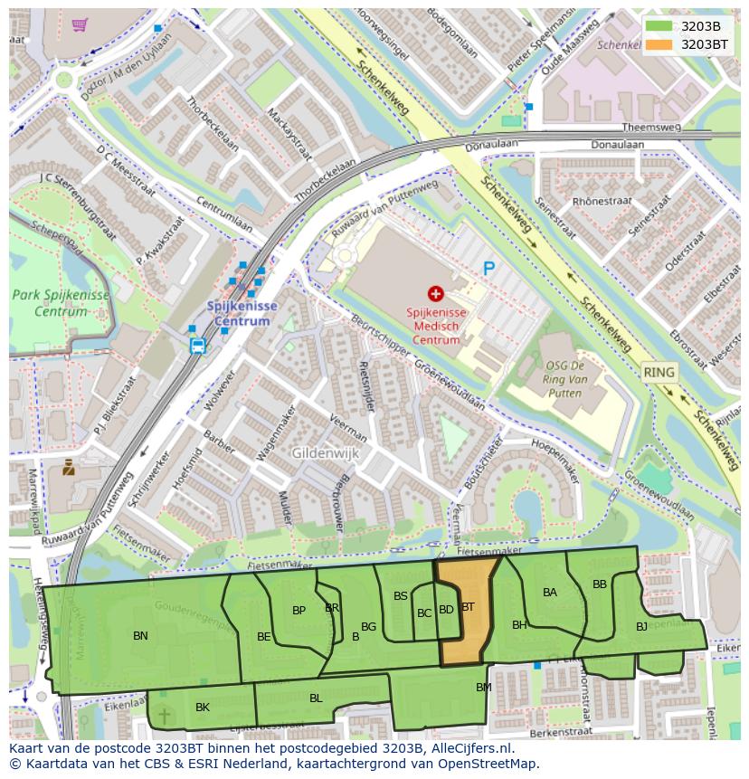 Afbeelding van het postcodegebied 3203 BT op de kaart.