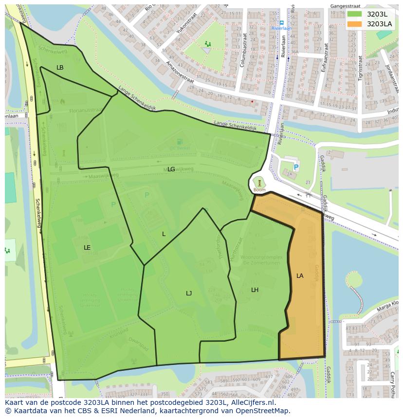 Afbeelding van het postcodegebied 3203 LA op de kaart.