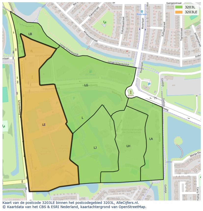 Afbeelding van het postcodegebied 3203 LE op de kaart.