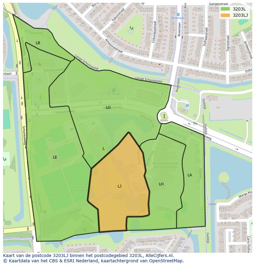Afbeelding van het postcodegebied 3203 LJ op de kaart.