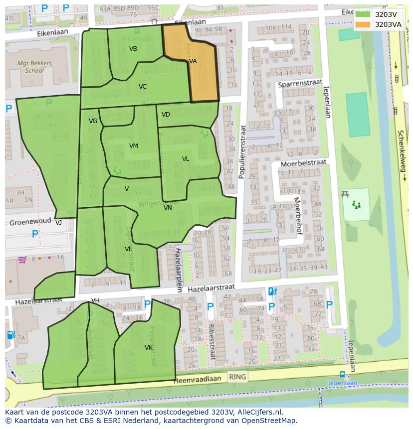 Afbeelding van het postcodegebied 3203 VA op de kaart.