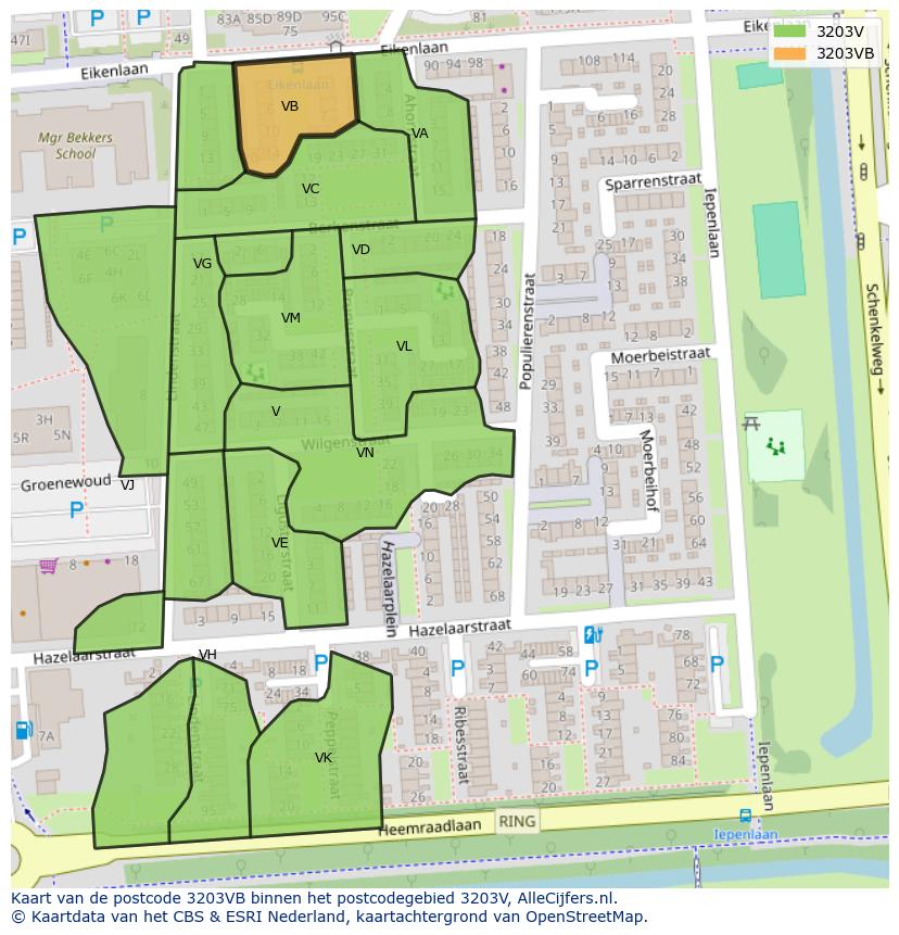 Afbeelding van het postcodegebied 3203 VB op de kaart.