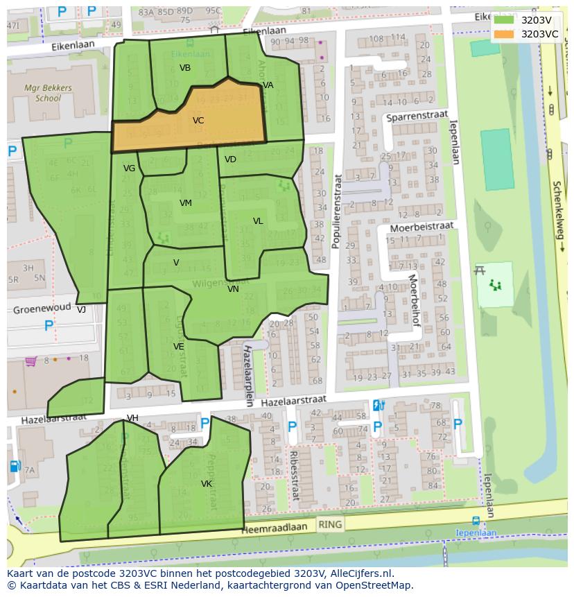 Afbeelding van het postcodegebied 3203 VC op de kaart.