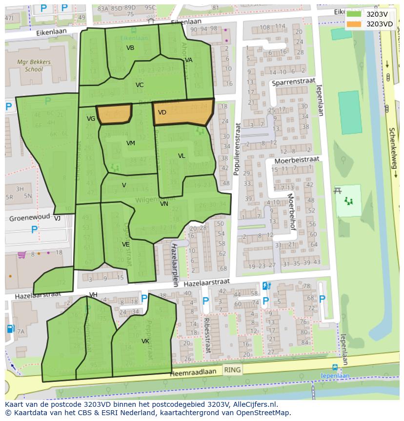 Afbeelding van het postcodegebied 3203 VD op de kaart.