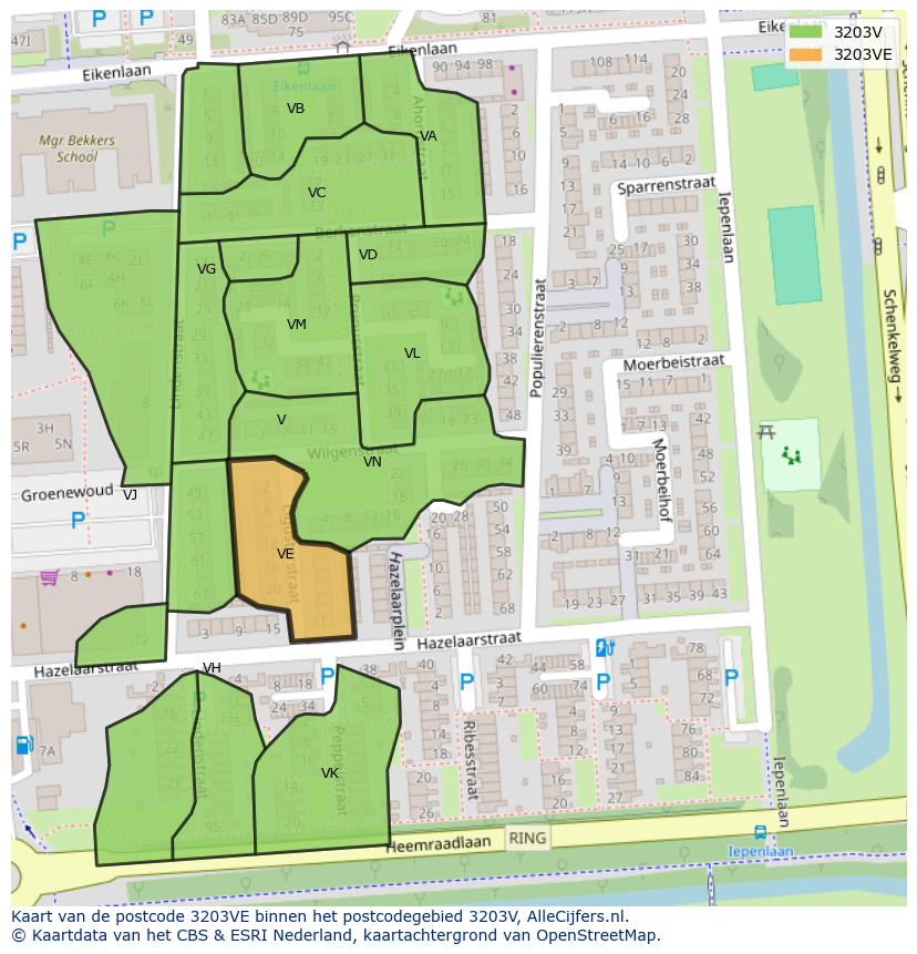 Afbeelding van het postcodegebied 3203 VE op de kaart.