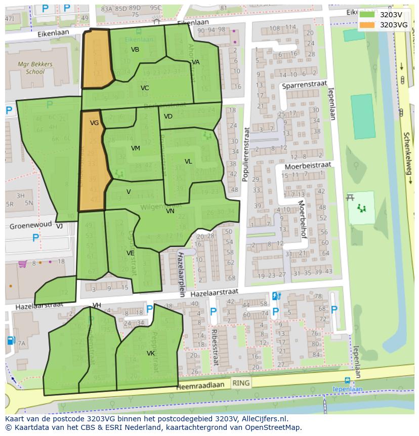Afbeelding van het postcodegebied 3203 VG op de kaart.