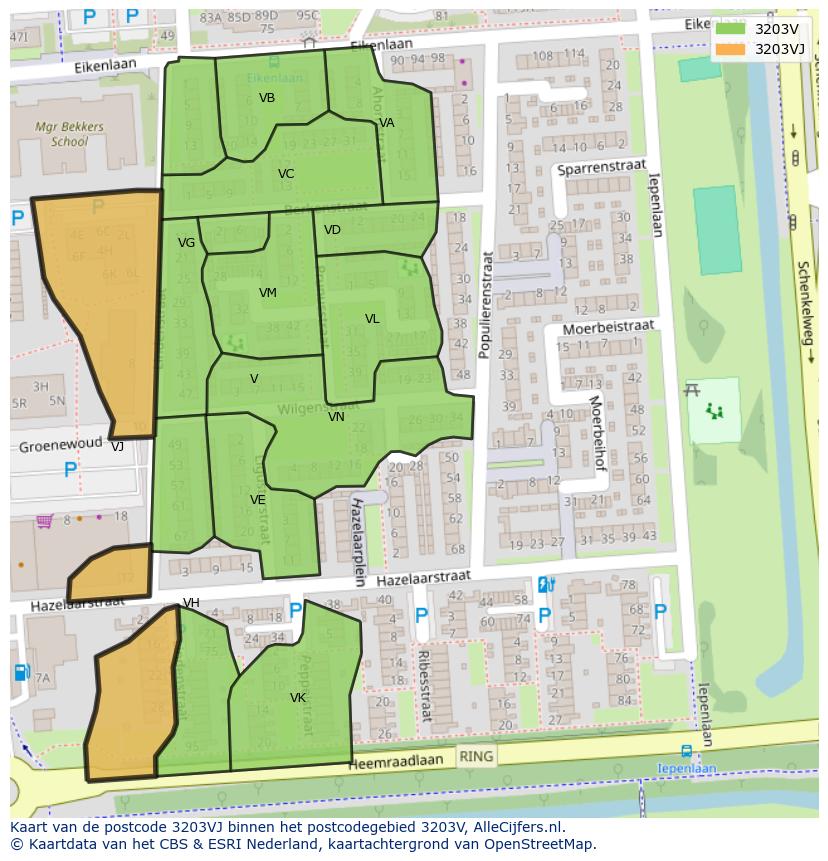 Afbeelding van het postcodegebied 3203 VJ op de kaart.