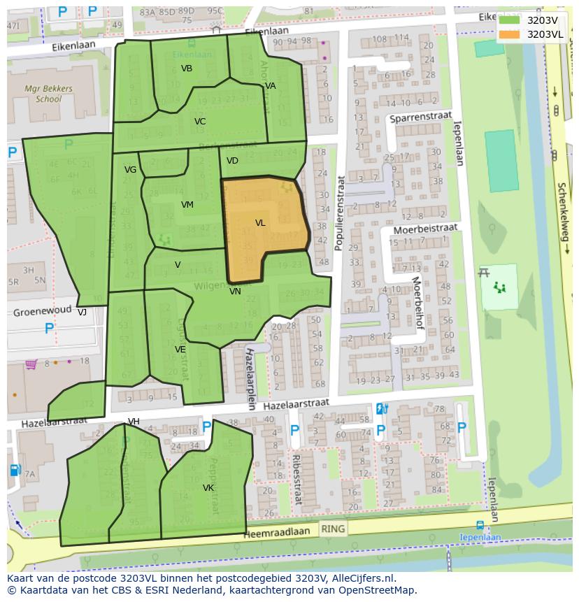 Afbeelding van het postcodegebied 3203 VL op de kaart.