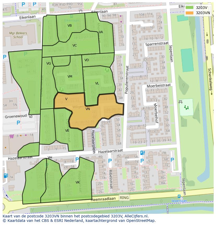 Afbeelding van het postcodegebied 3203 VN op de kaart.