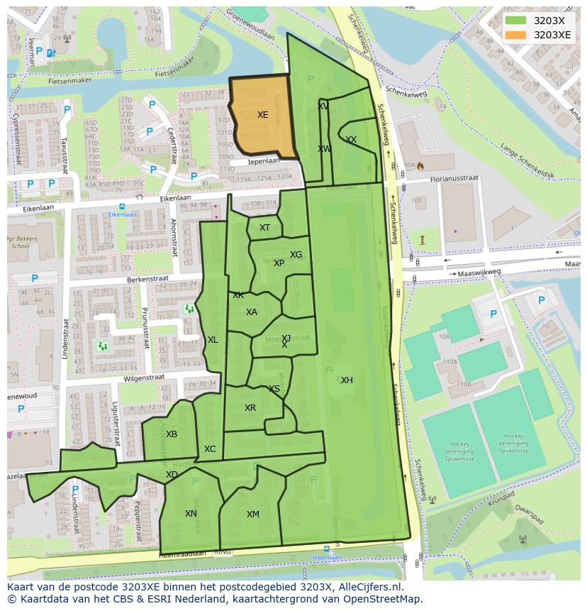 Afbeelding van het postcodegebied 3203 XE op de kaart.