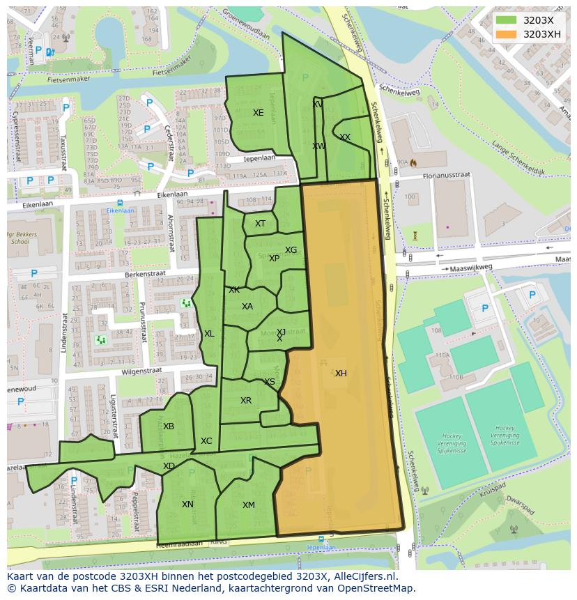 Afbeelding van het postcodegebied 3203 XH op de kaart.