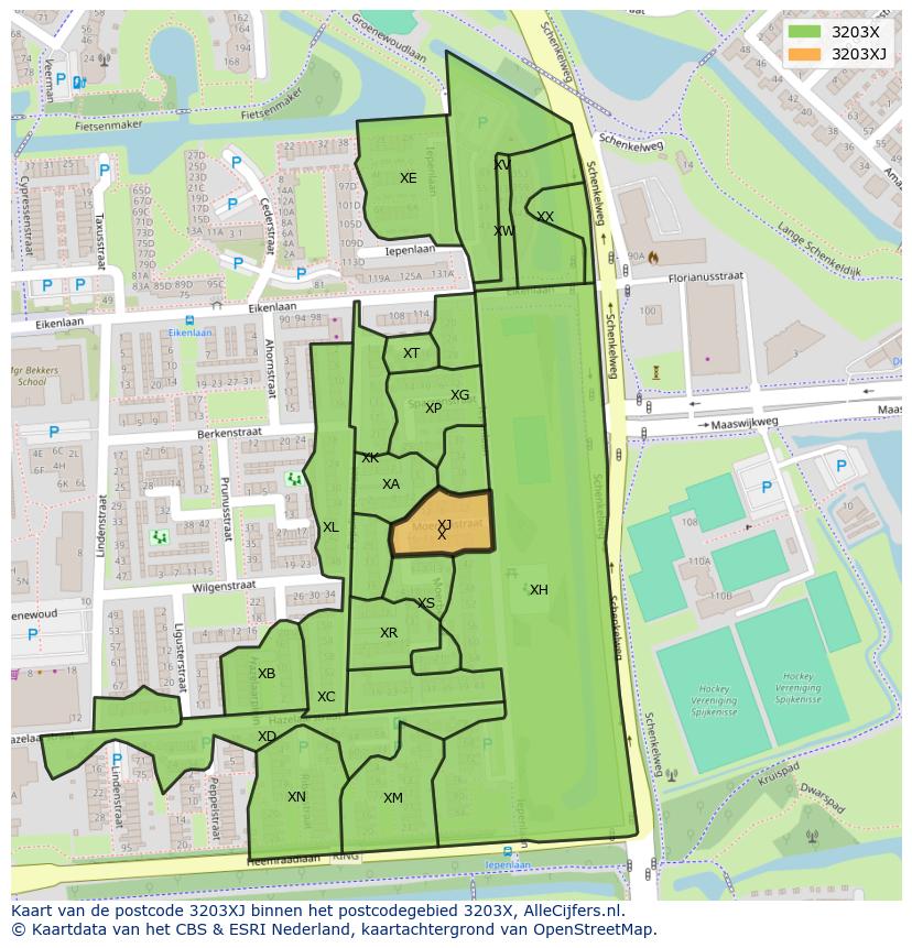 Afbeelding van het postcodegebied 3203 XJ op de kaart.