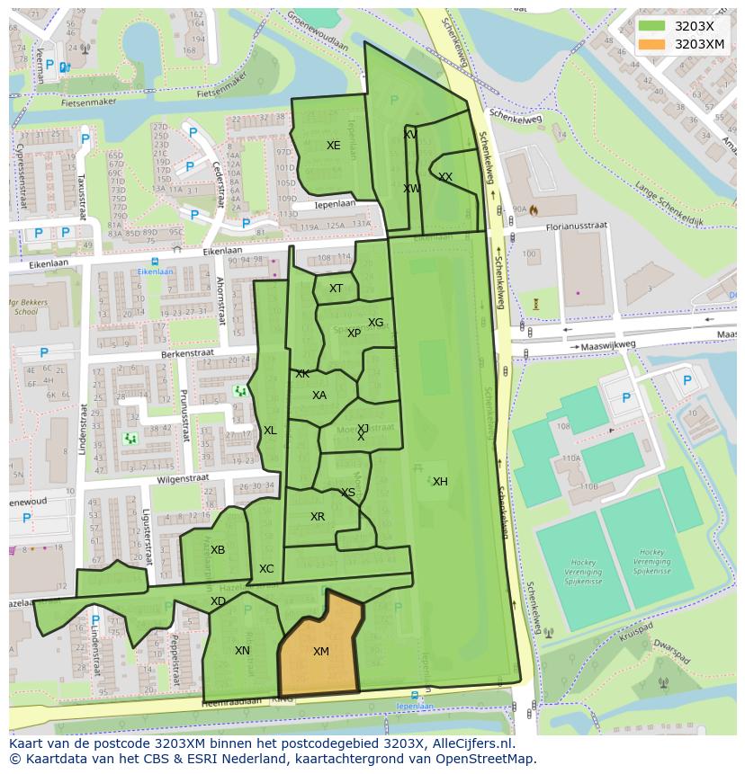 Afbeelding van het postcodegebied 3203 XM op de kaart.